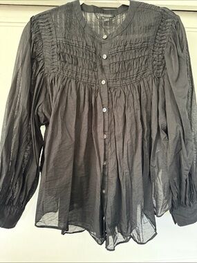 Banana Republic Black Pintuck Gathered Button-Down Blouse 110% Cotton